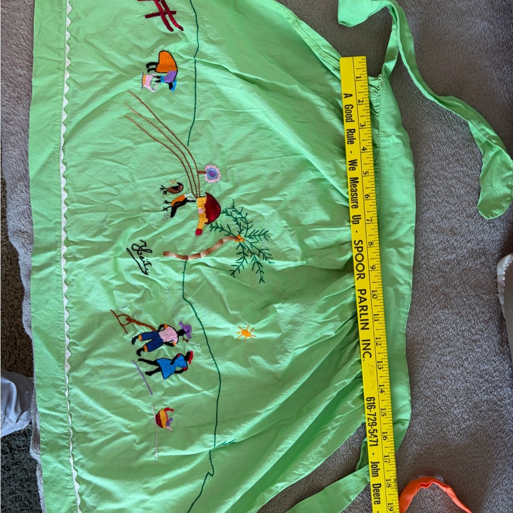 Lime Green Embroidered Waist Apron with Folk Scene